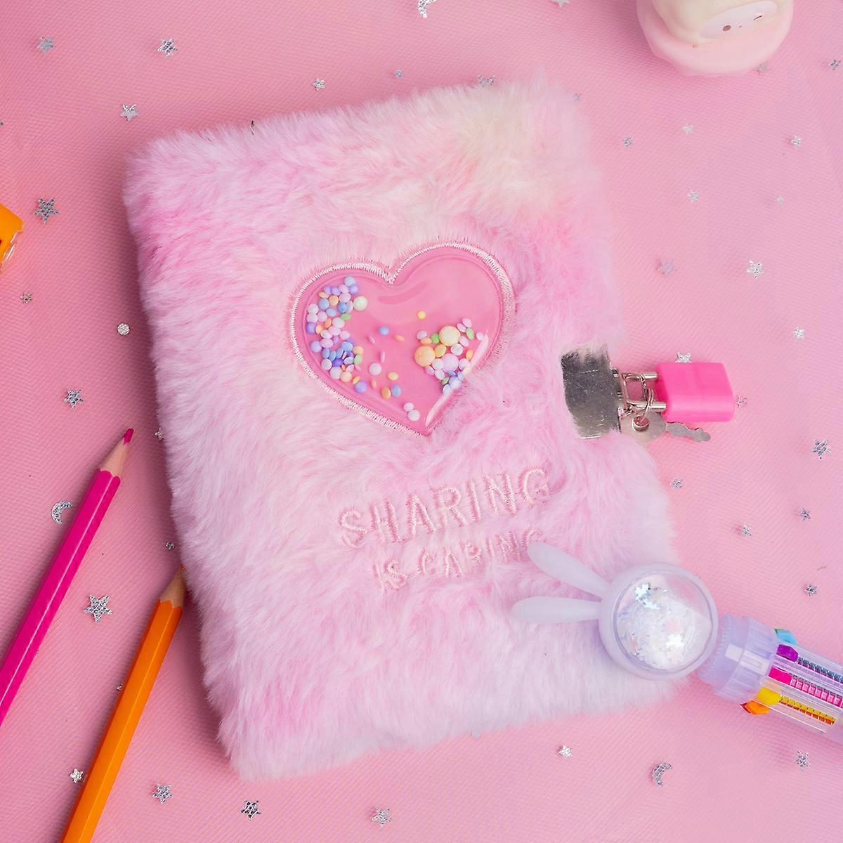 Fluffy Journal with Lock Soft Fuzzy Diary Decorative Girls Heart Pattern Secret Notebook A6 Size for School Office Supplies