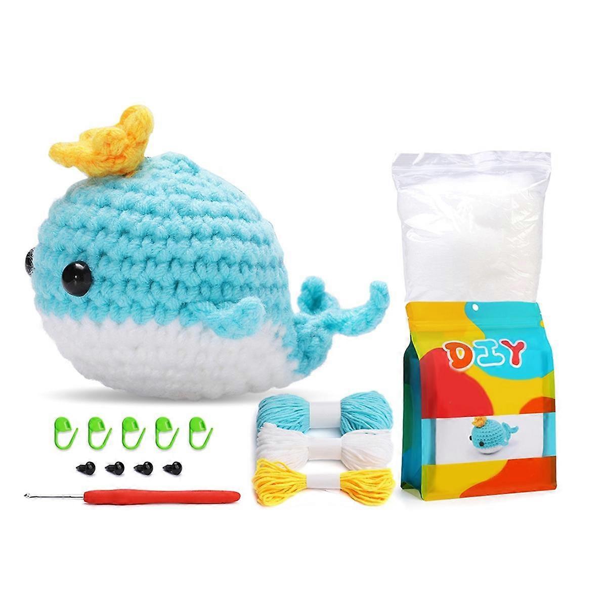 DIY Whale Crochet Kit with Knitting Yarn Needles Plush Doll Easy(Blue)