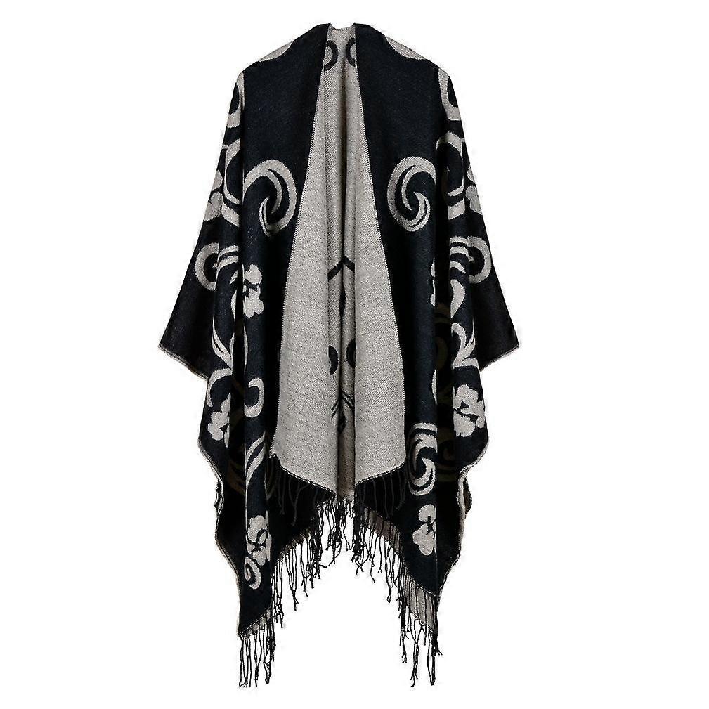 Cashmere Feel Thicken Poncho Fringed Hem Shawl Wrap with Flowers Open Front Long Winter Sweater Coat
