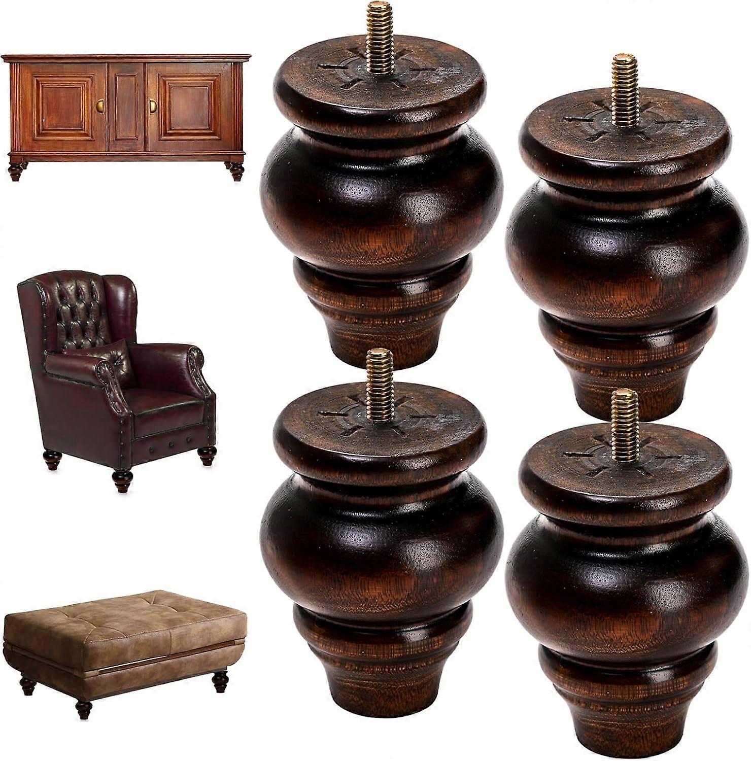 يارلونغ 4 عبوات أرجل أثاث خشبية ، 3.5 بوصة أرجل أريكة بنية مستديرة أقدام أريكة ، أرجل خزانة ملابس ريفية استبدال أجزاء الأثاث للكرسي ، السرير ، الخزانة