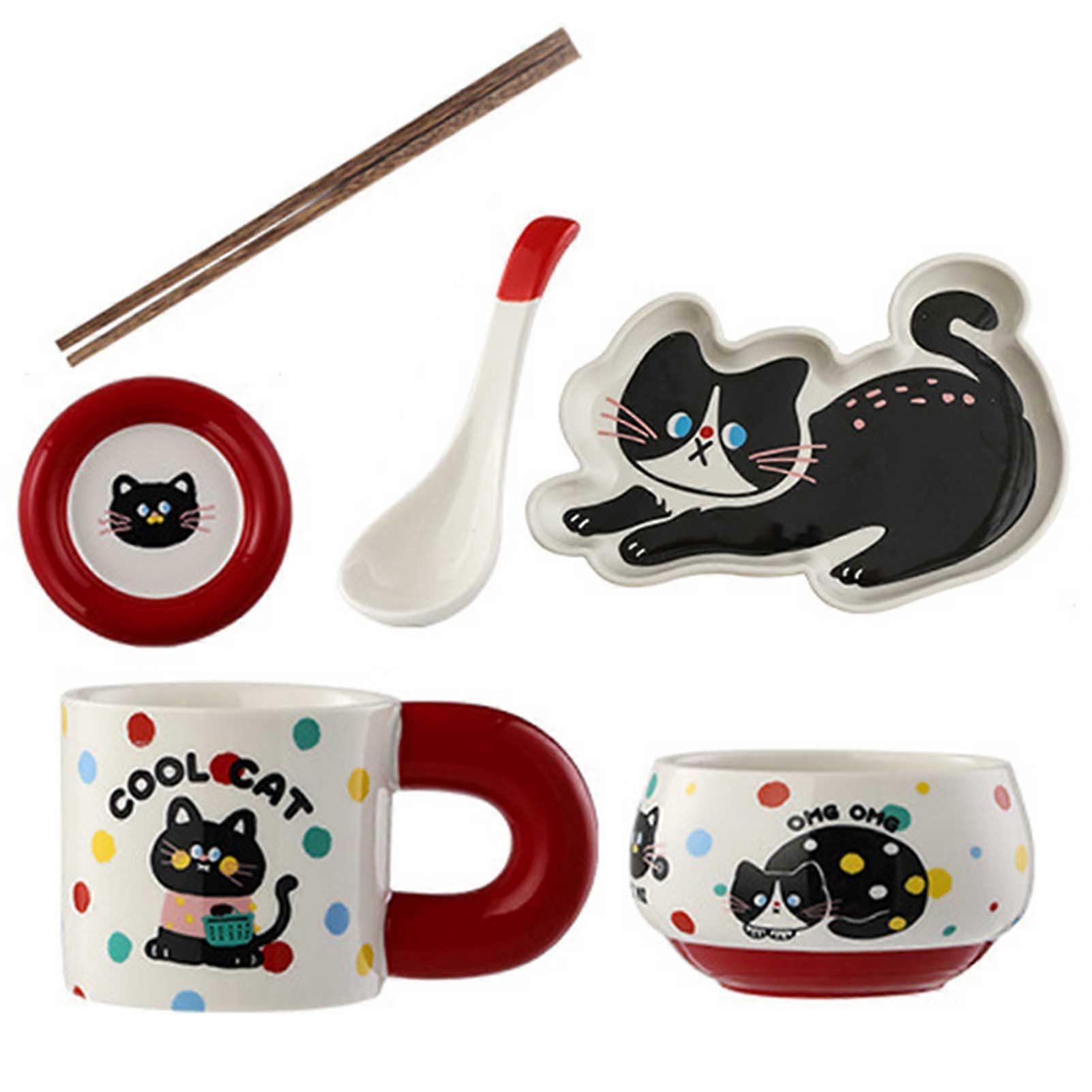 6pcs Cartoon Animals Ceramic Dinnerware Set Cute Ceramic Cat Designed Dinner Dish Cup Set Present