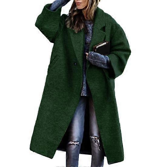 Women Autumn Winter Long Woolen Coat Lapel Long Sleeve Solid Color Printing Single Button Loose Fit Office Lady Overcoat