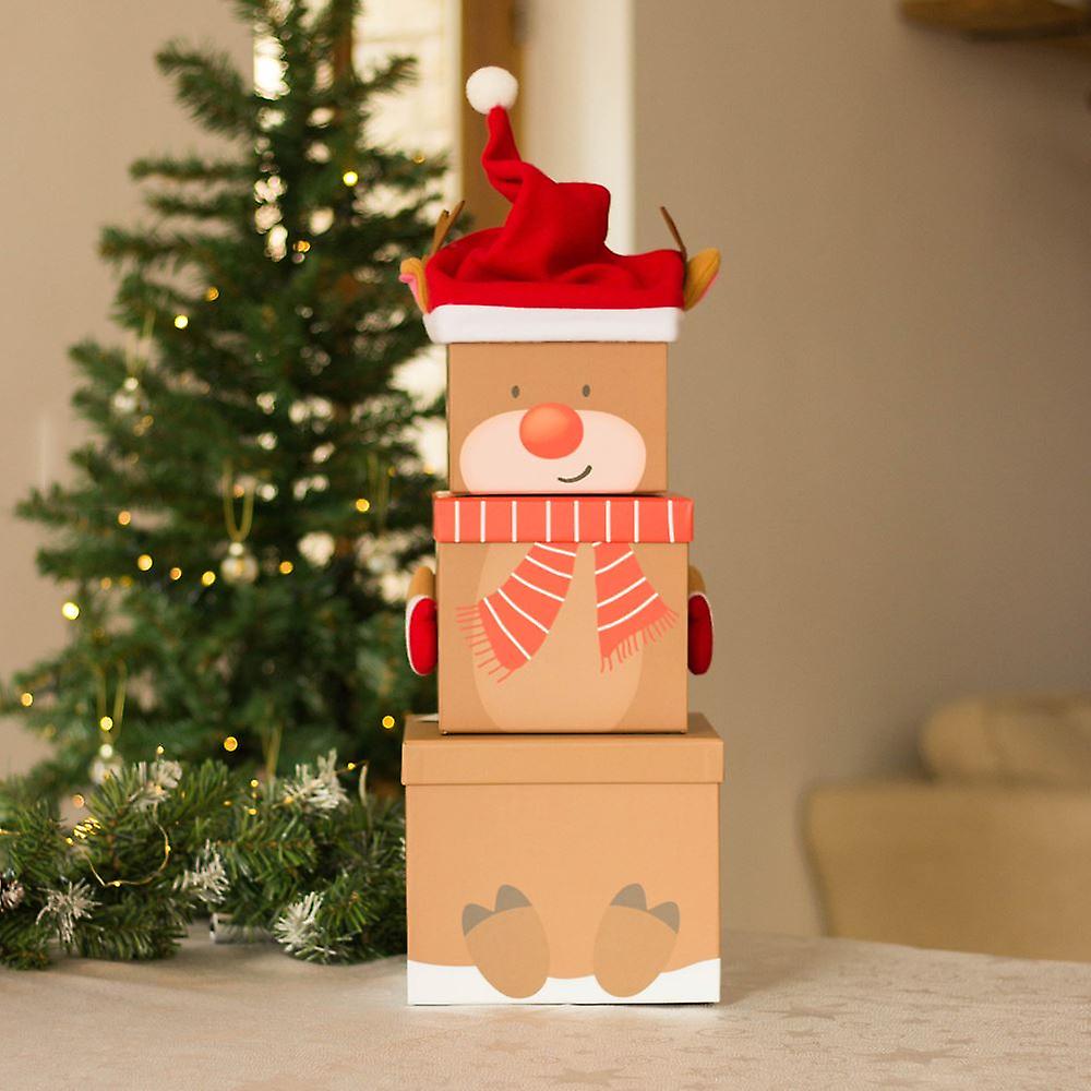 Stackable Reindeer Christmas Gift Boxes Large  | Nested 3-Tier Stacking x 3