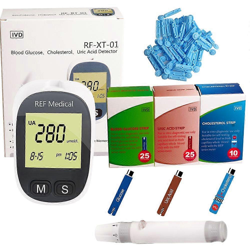 3 in1 Multi-Function Meter Total cholesterol Uric Acid&Blood Glucose Test kit for Diabetes Gout with Free 60pc strips Lancets