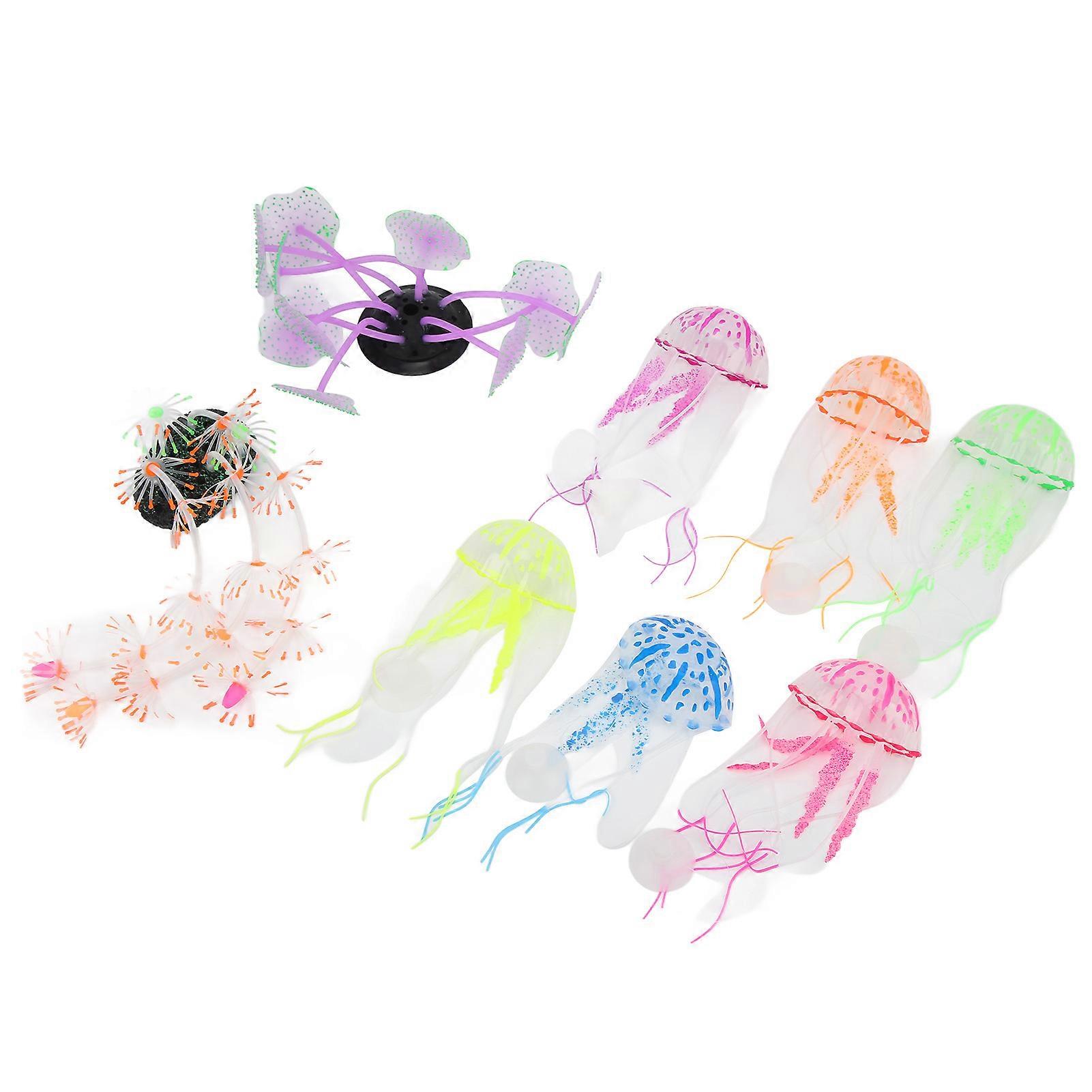 8pcs Aquarium Silicone Artificial Jellyfish Coral Ornaments for Fish Tank Decoration - Glowing, Durable, Colorful Plants