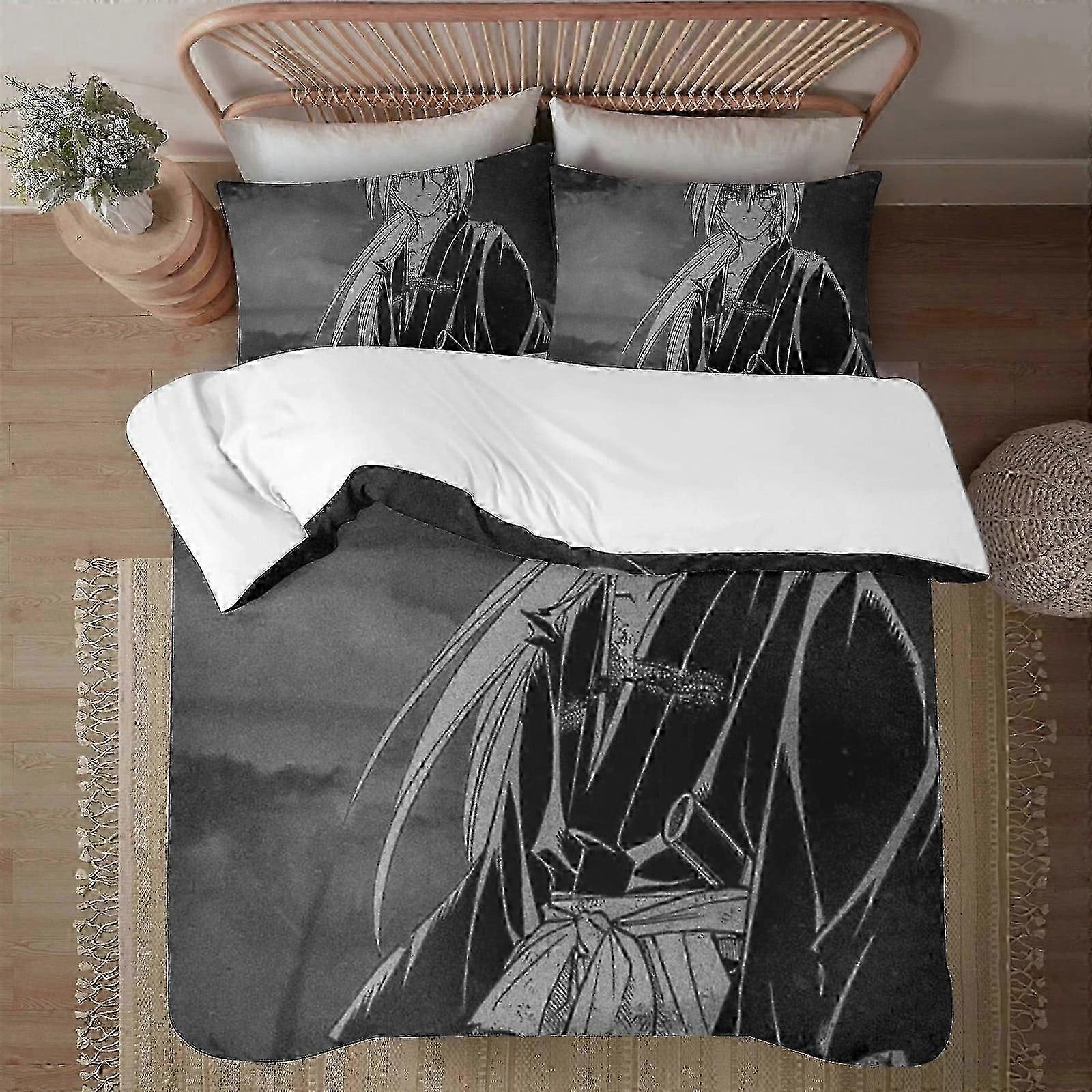 v2075 ملاءات سرير Rurouni Kenin Soft3D طقم مفروشات بغطاء لحاف مطبوع ثلاثي الأبعاد مع غطاء لحاف طقم 3 قطع يتضمن أكياس وسائد وغطاء Mhine (1 لحاف