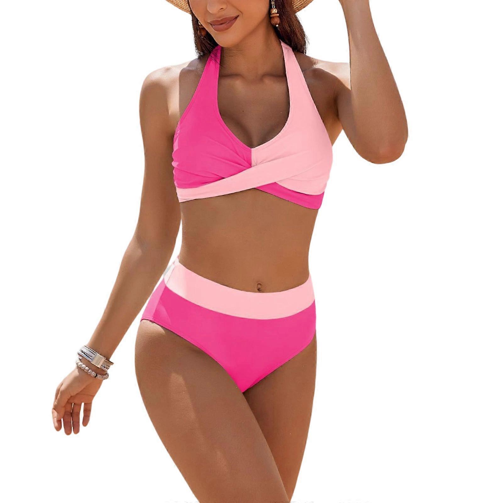 Deux Pcs Split Maillots de Bain pour Femmes Maillot De Natation Ensemble Maillots De Bain Push Up Maillots De Bain Taille Haute Imprimé Maillot De Bain Rose Rose Rose XL