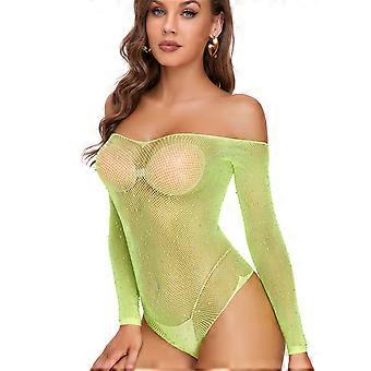 Women Rhinestones Fishnet Long Sleeve Bodysuit Sparkling Hollowed Out See Through Mesh Babydoll Lingerie Rave Outfits  Lavender