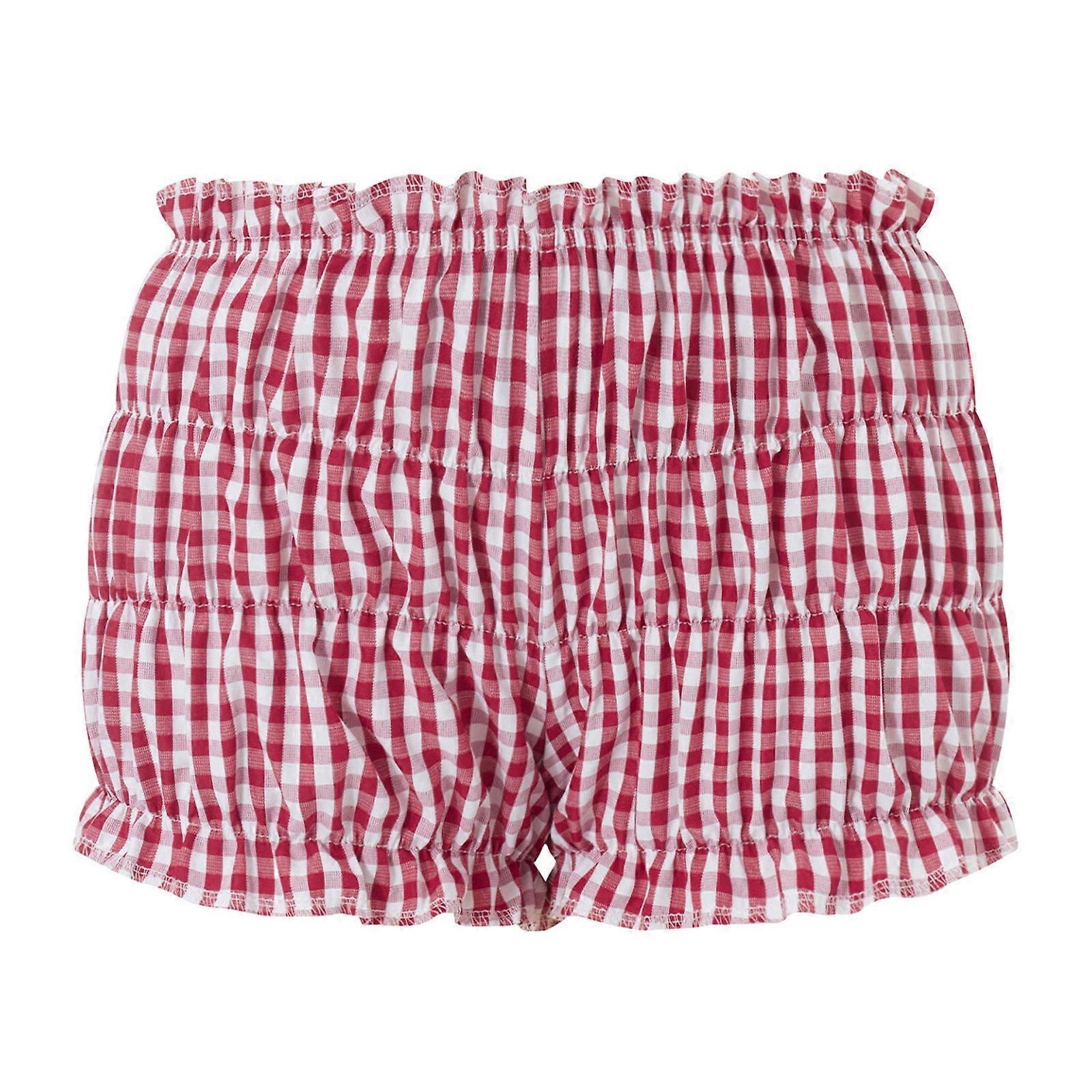 Bayan Damalı Salon Şort Düşük Katlı Fırfırlı Kenar Kek Şort Elastik Pijama Altları Tatlı Kız Bloomers Pettipants Kırmızı S