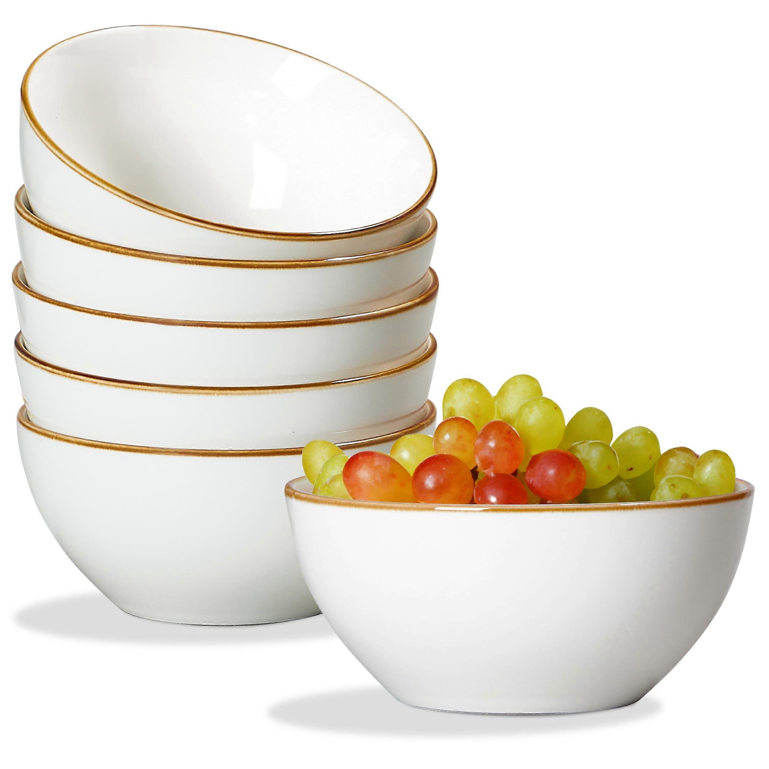 Ceramic Bowl Set of 6, 24 oz Microwave Safe Soup and Cereal Bowls with Brown Rim, Cream White, Scratch Resistant