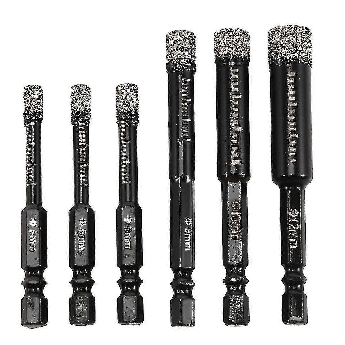 6Pc Black Dry Diamond Drill Bits Set, for Ceramic, Marble, Tile, 5/6/8/10/12mm