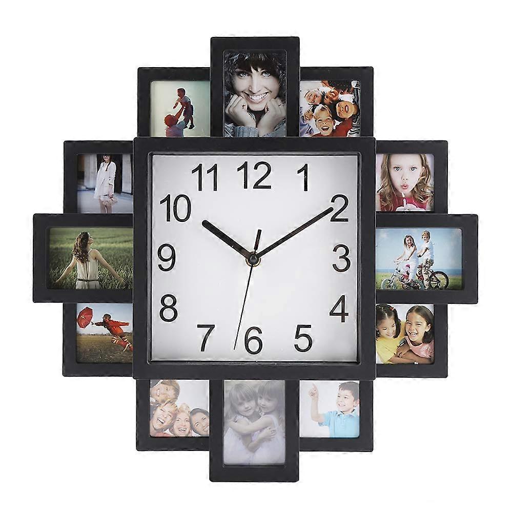 2 in 1 Plastic Wall Clock and Photo Frame in Black - Modern Home Decor for Living Room with Multi-Photo Display