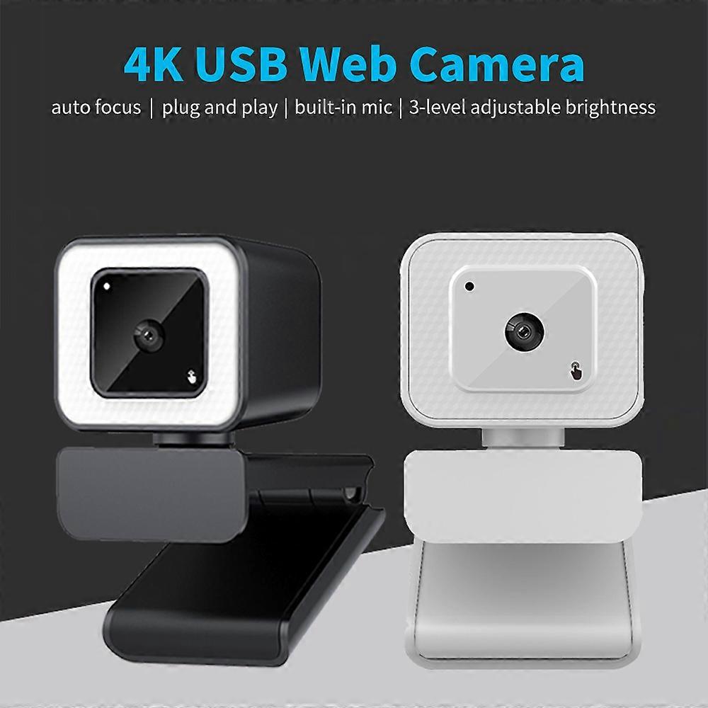4K Webcam Wide Angle Auto Focus 3-level Brightness Adjustment USB Web Camera Built-in Noise Reduction Microphone White