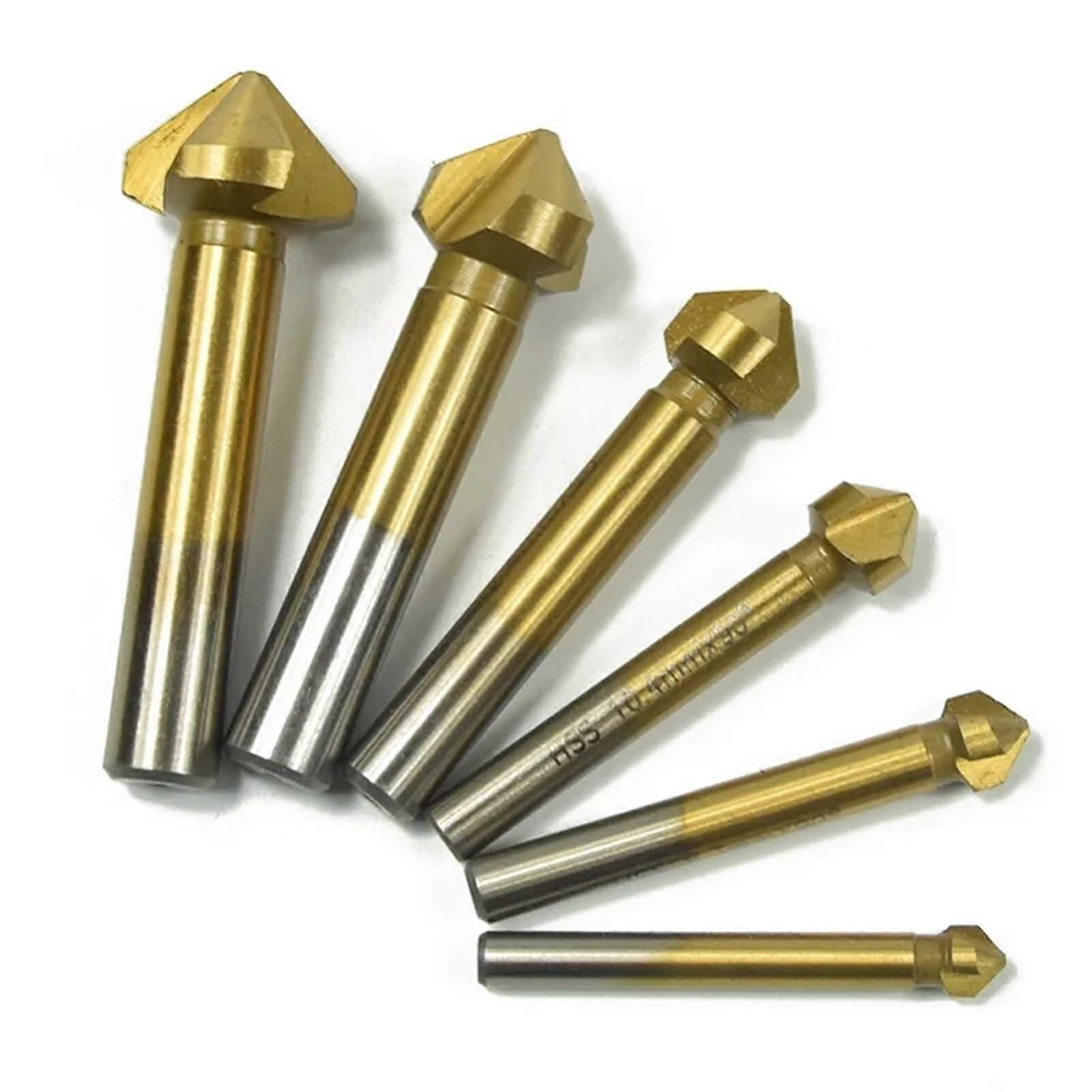 Drill Bit 3-Flute Chamfer Countersink, 6-Pcs Set, 6.3-20.5mm, 90 Degree HSS TiN Coated Chamfer Cutter For Wood and Metal