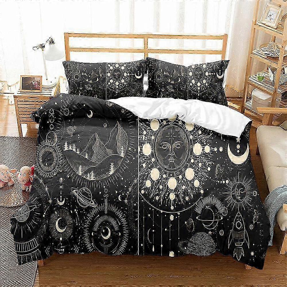 Black 3D Duvet Cover Set featuring Golden Moon Sun Tarot Stars design, suitable for various brands, including matching bed sheets and doona