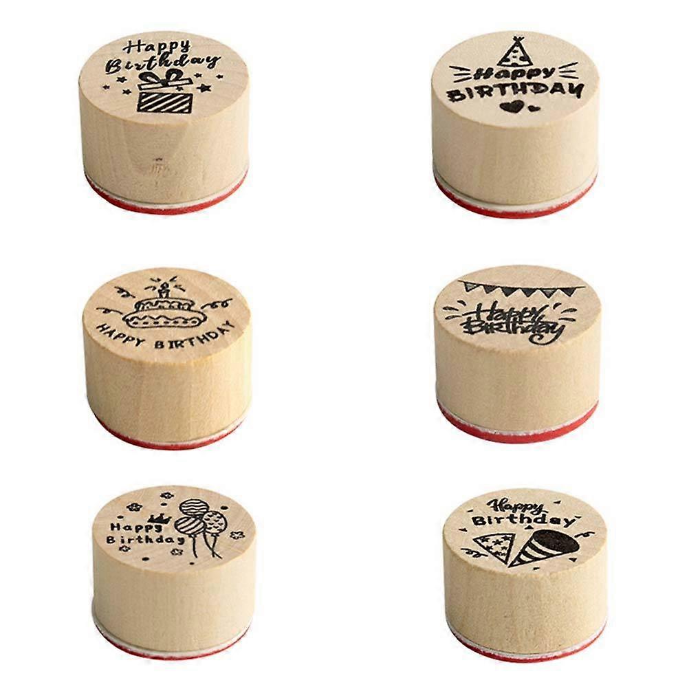 6Pcs Happy Birthday Wooden Round Decorative DIY Scrapbook Seals Assorted Colors