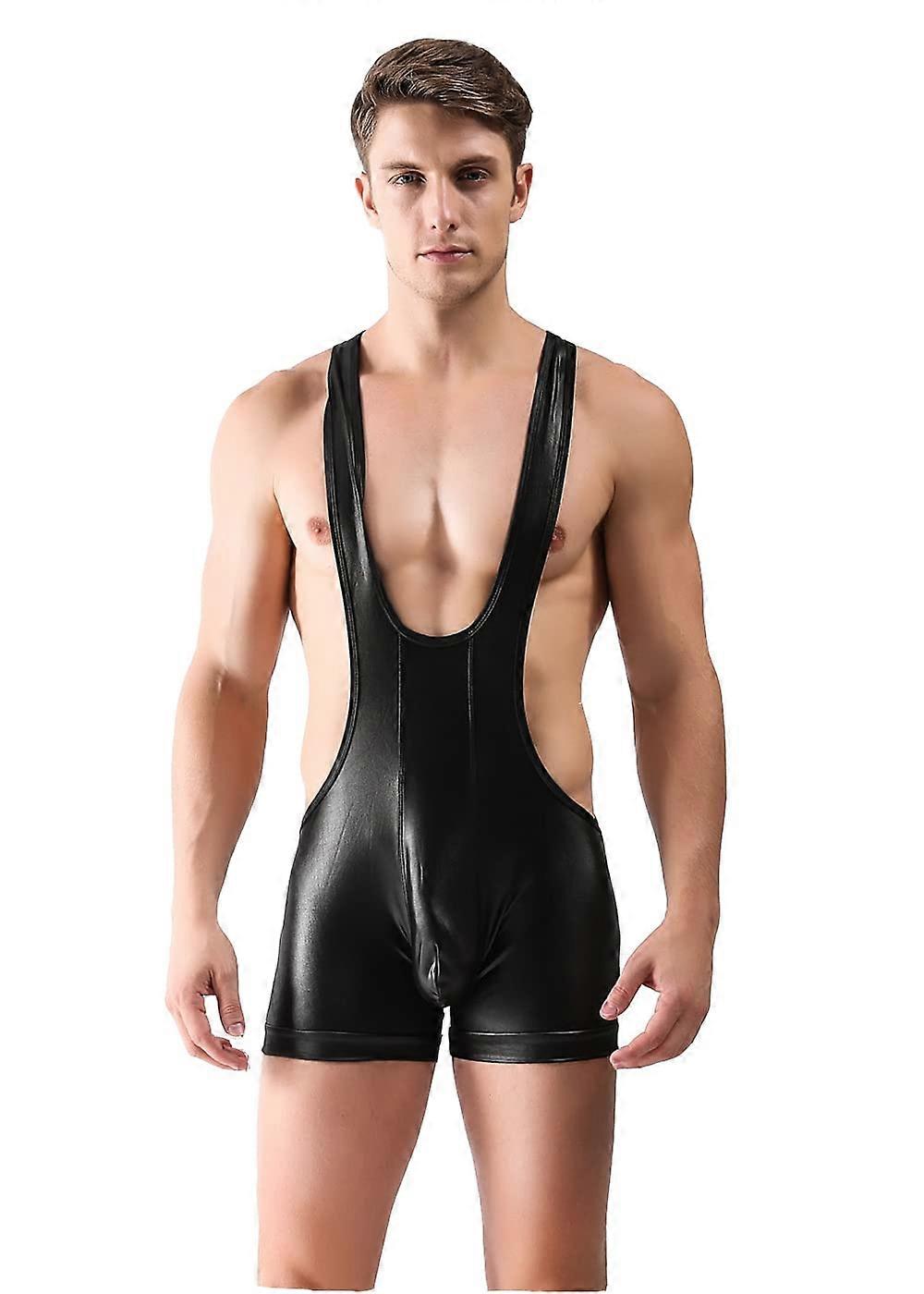 Men's Mankini Body Singlet Leotard Racerback Shiny Leather Boxer Shorts Wrestling Jumpsuit L black