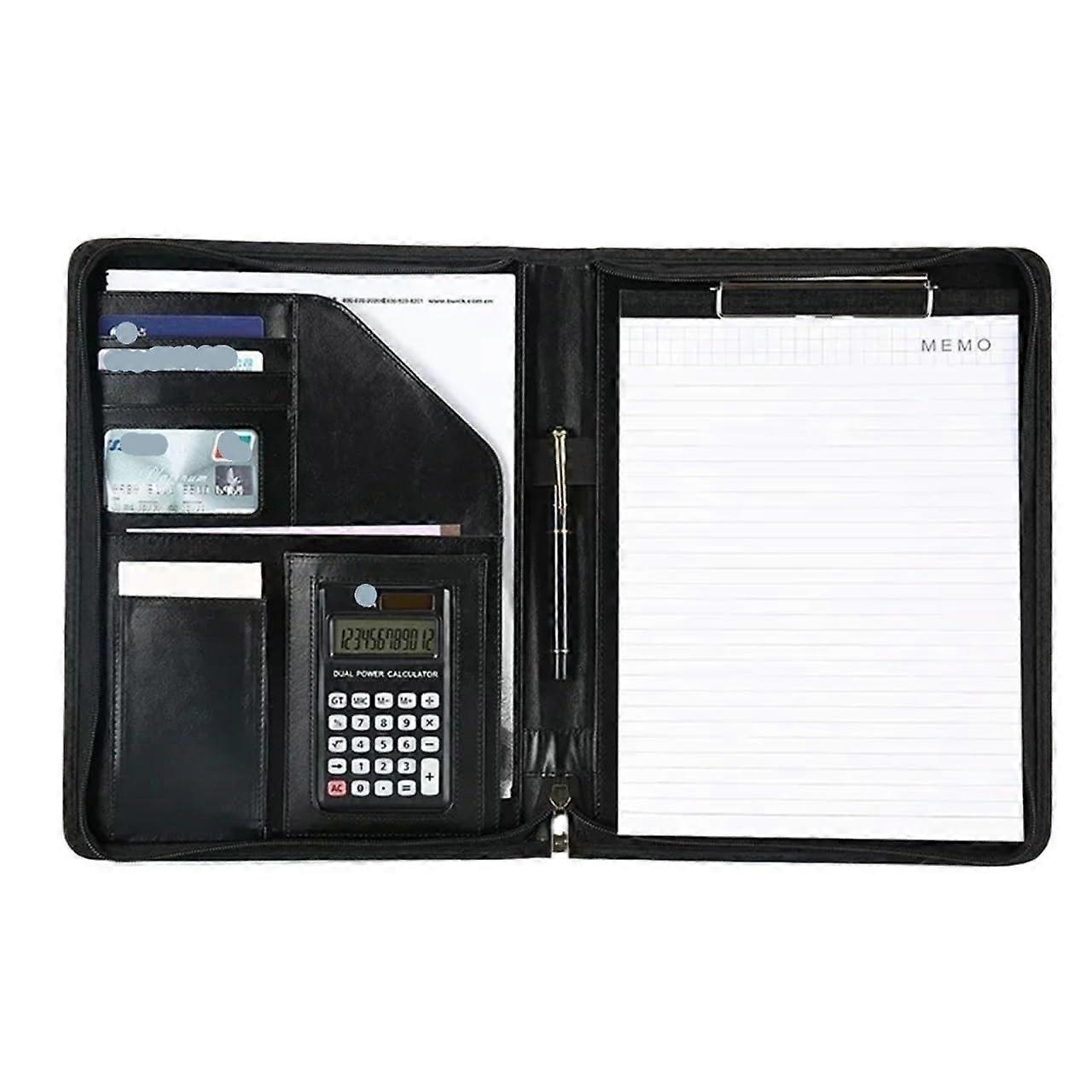 Writing case zipper file stationery document leather business card organizer folder holder multifunctional folder contract conference (Black) Black