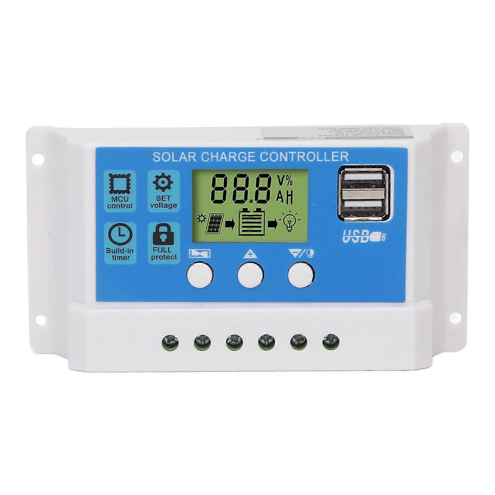 PWM Solar Charge Controller Panel Intelligent Regulator Adjustable LCD Display 2 USB Port 12V 24V White 30A