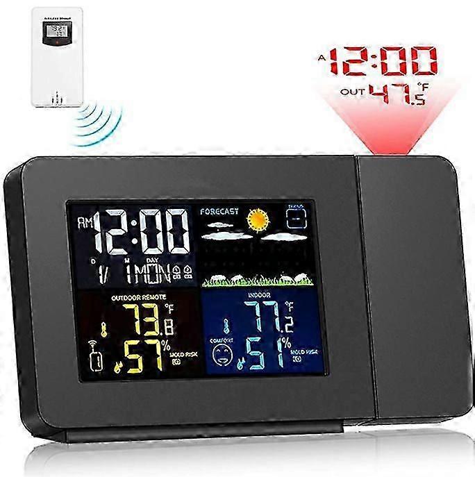 Projection Alarm Clock For Bedrooms With Weather Station, Wireless Indoor Outdoor Thermometer, Temperature Humidity Monitor Gauge Hygrometer