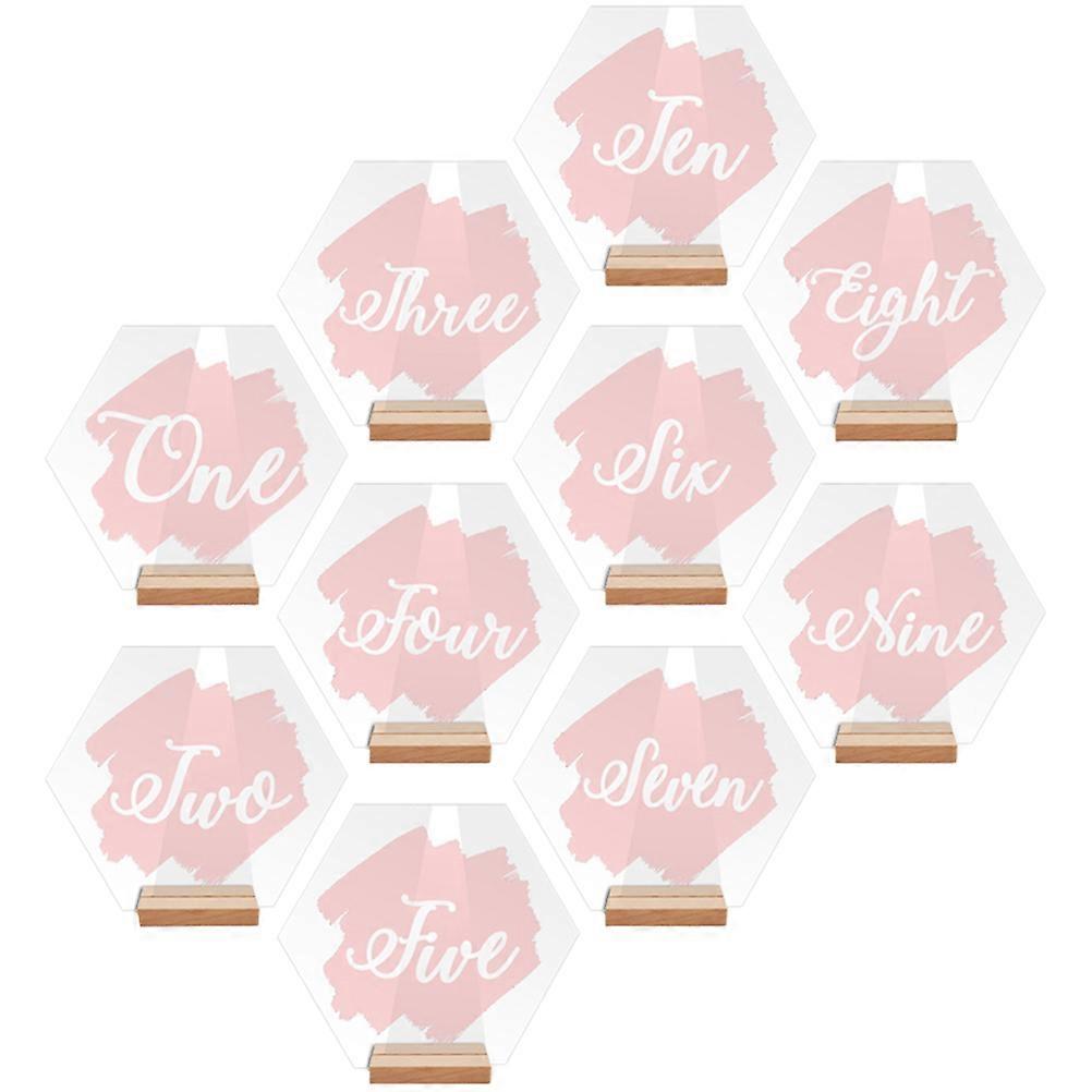 10Pcs Pink Acrylic Hexagonal Table Numbers with Wooden Stand for Wedding Reception and Parties