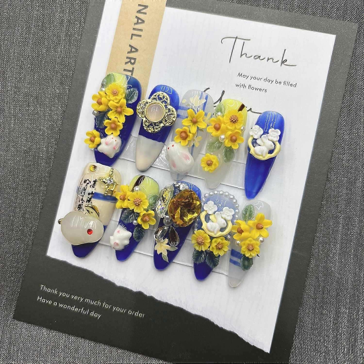 Blue Jade Rabbit Sunflower Press on Nails Fashion French Style