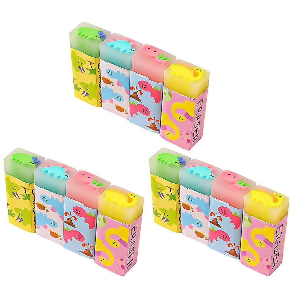 12pcs Dinosaur Pattern Erasers, Cute Cartoon Animal Pencil Erasers for School Supplies, Bright Rubbers for Homework Correction