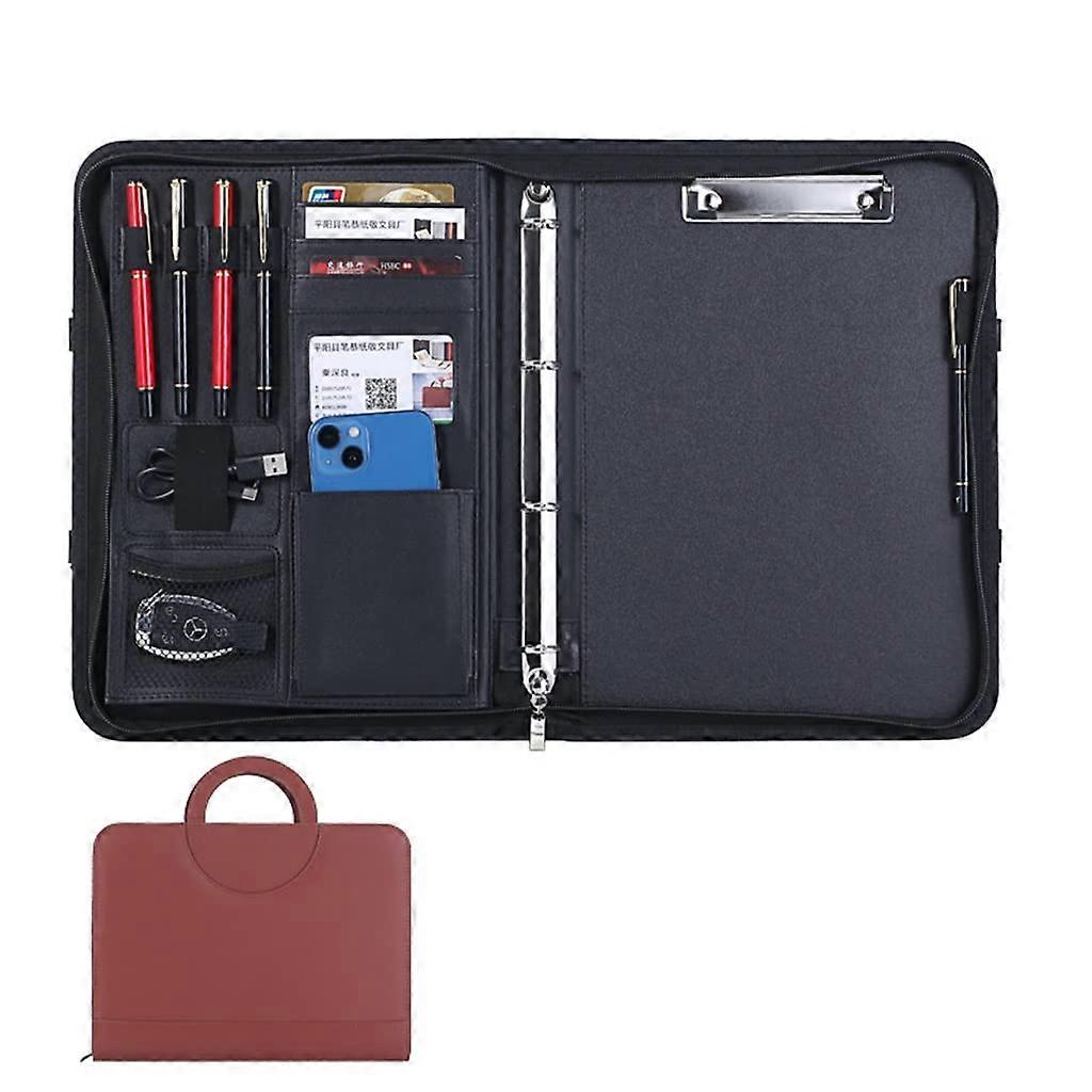 A4 Leather Portfolio with Zipper, 4Ring Binder, Card  Pen Pockets, Brown