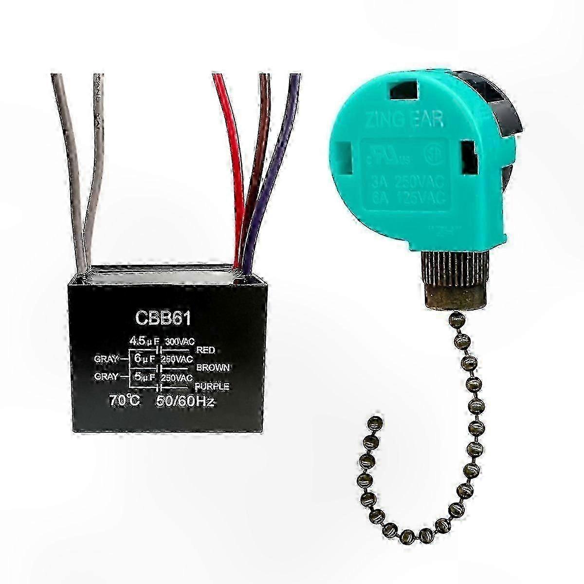 Ceiling Fan Pull Chain Switch 3 Speed 4 Wire, Ceiling Fan Capacitor for Certain Brands 4.5Uf + 6Uf + 5Uf 5 WIRE