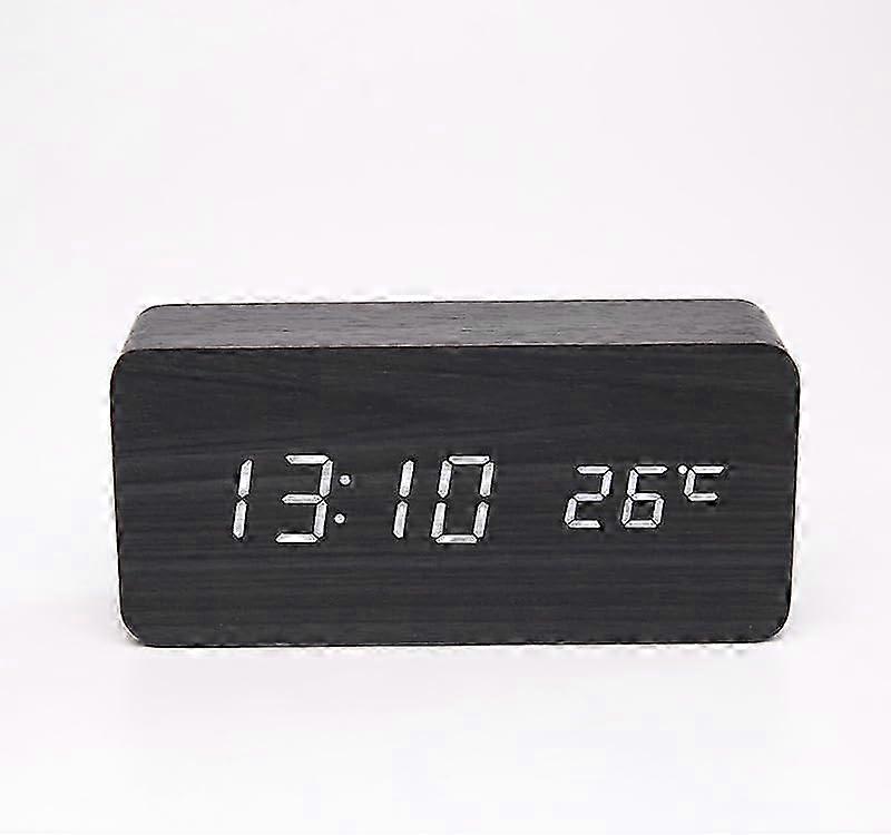 3D LED Digital Alarm Clock with Wood Look Design, Date & Temperature Display, USB Powered and Dimmable, Black