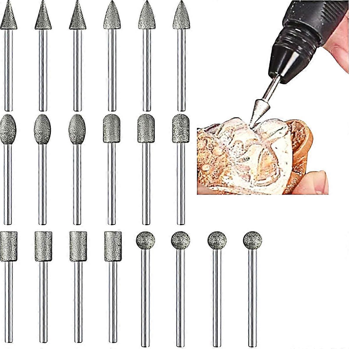 20Pcs Diamond Grinding Bits,120 Grit 1/8in Shank Diamond Coated Rotary Burr Set -Fits Most Rotary Tools, Jewelry Making