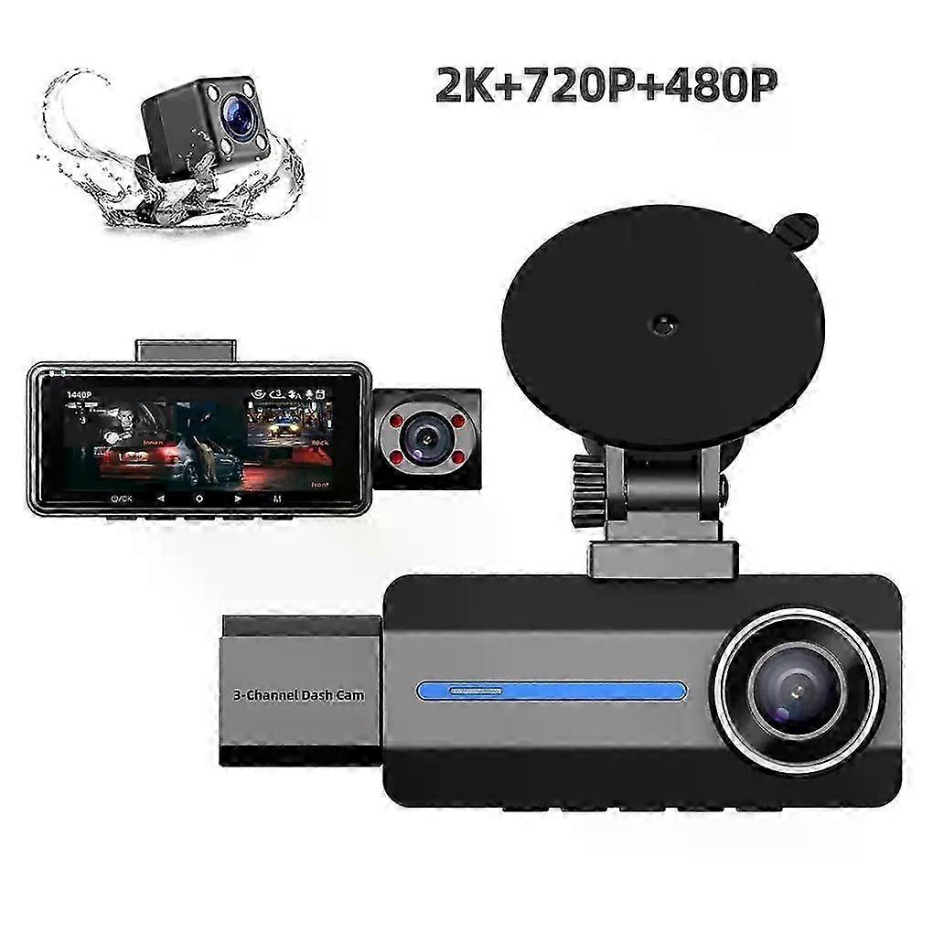 3 Channel 25K Dash Cam 1440P Dash Cam Triple Car Camera G-Sensor 24Hr Parking 170Wide Angle Loop Recording IR Night Vision DVR