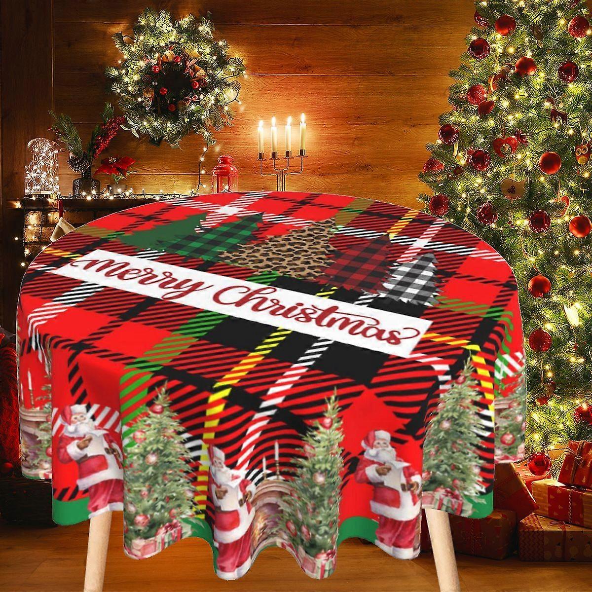 Christmas Round Tablecloth Santa Pattern Circular Table Cover Waterproof Oilproof