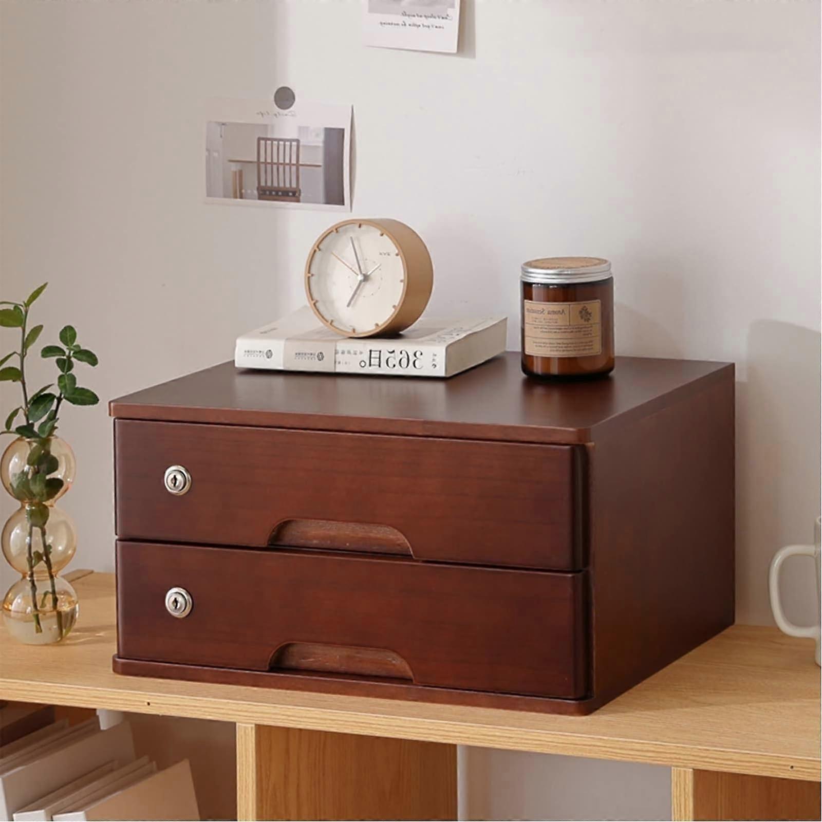 Brown 2Layer Lockable Desktop File Cabinet, Desk Organizer With Storage Box And Drawer, Office Desk Storage