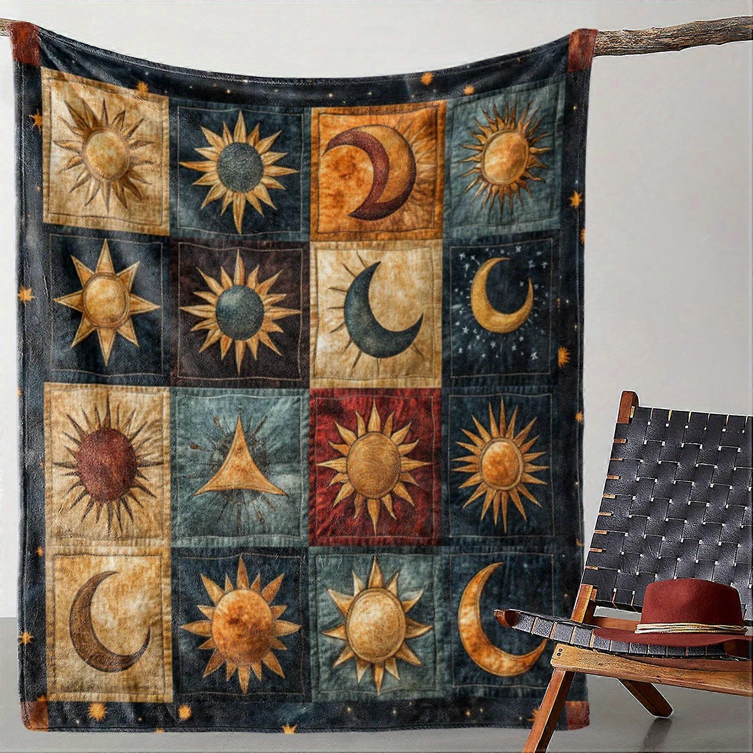 Vintage Sun and Moon Print Flannel Blanket Soft and Comfortable All-season Blanket