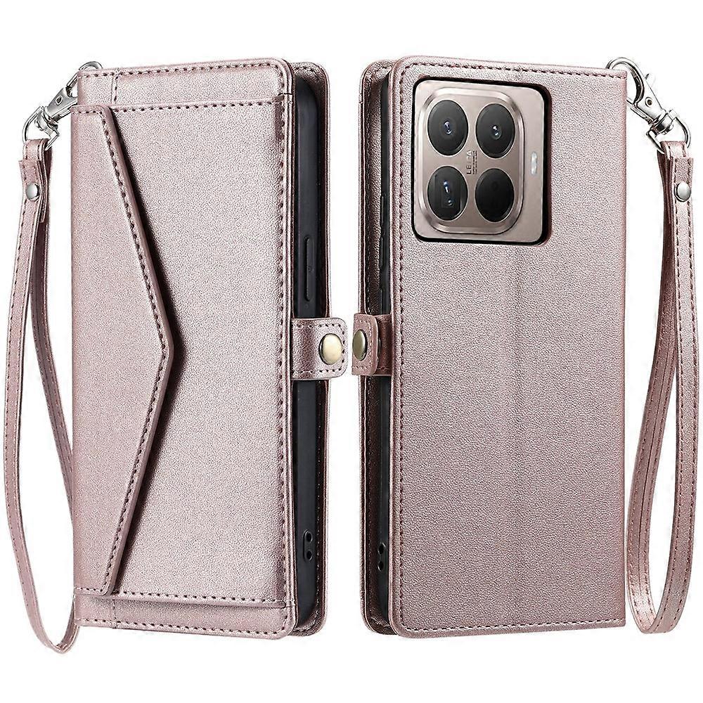 Capa de couro compatível com Xiaomi 15T Pro com alça de pulso, carteira e suporte.