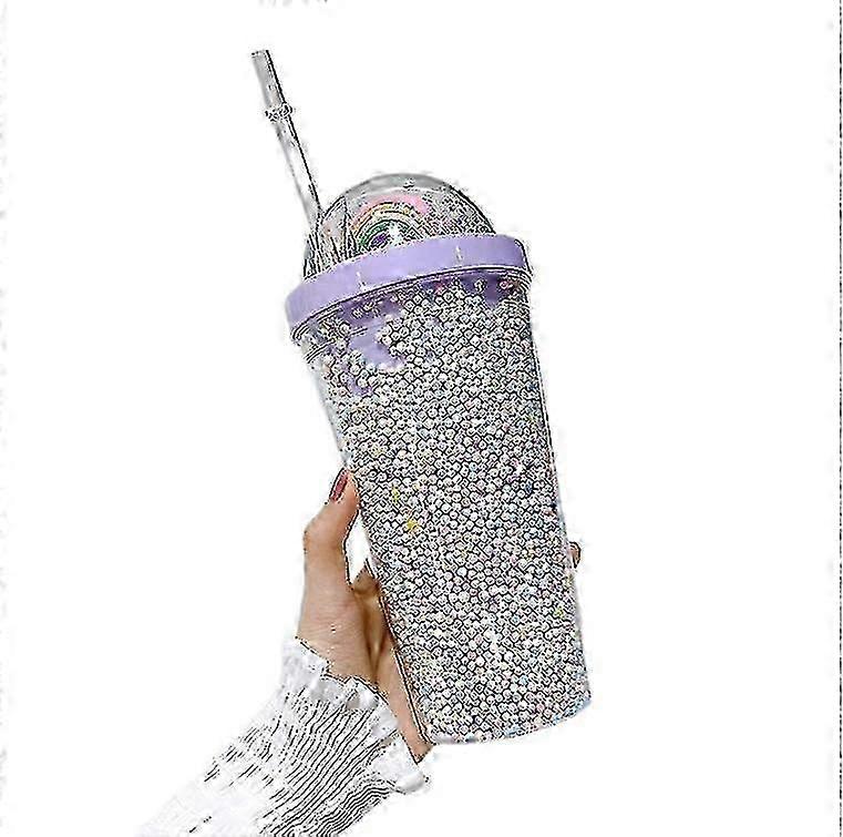 Double Layers Rainbow Plastic Water Bottle With Straw Creative 550ml Mug