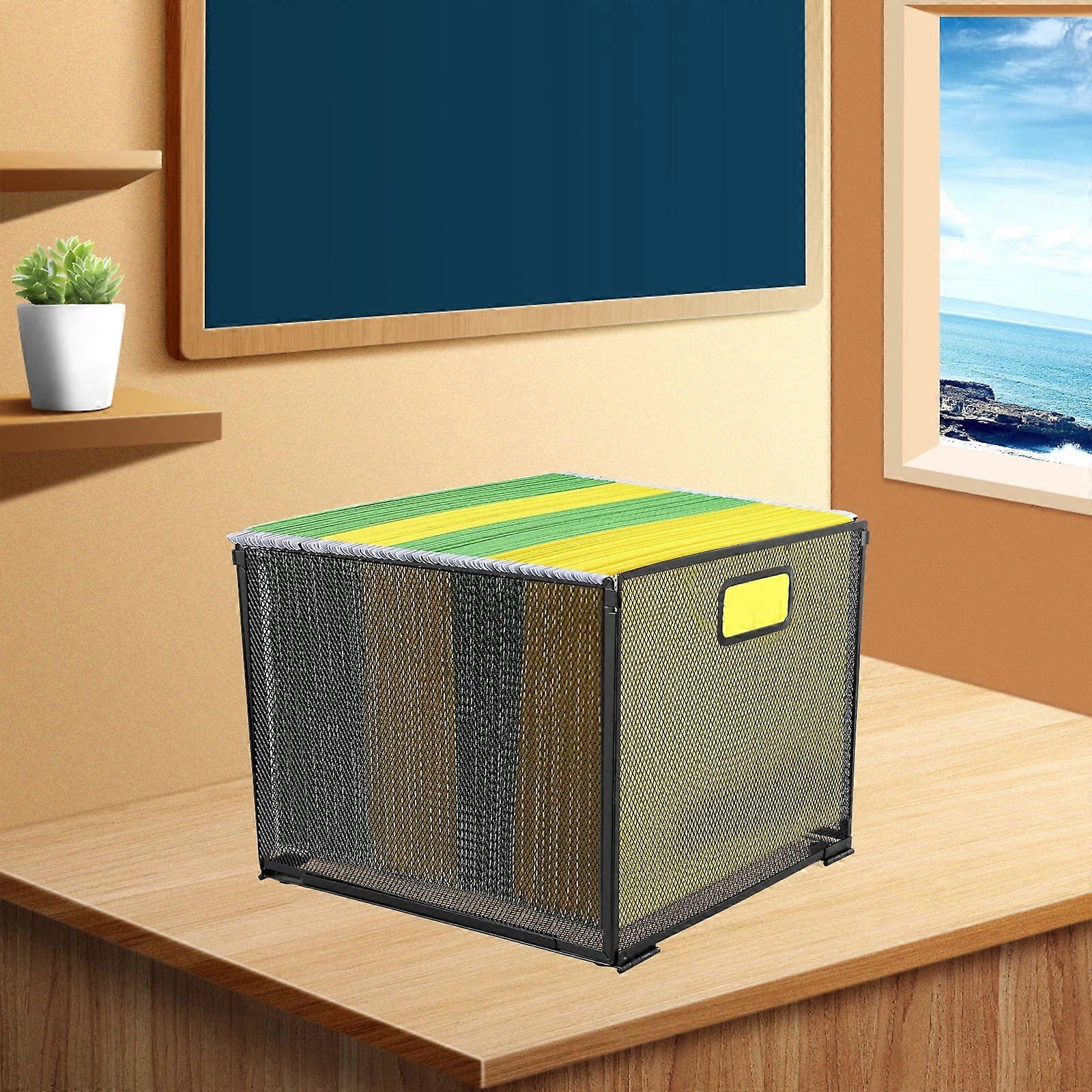 Metal Hanging File Organizer Box with Handle - Letter Size Mesh File Basket, Space-Saving Foldable Desktop Filing Crate for Home Office