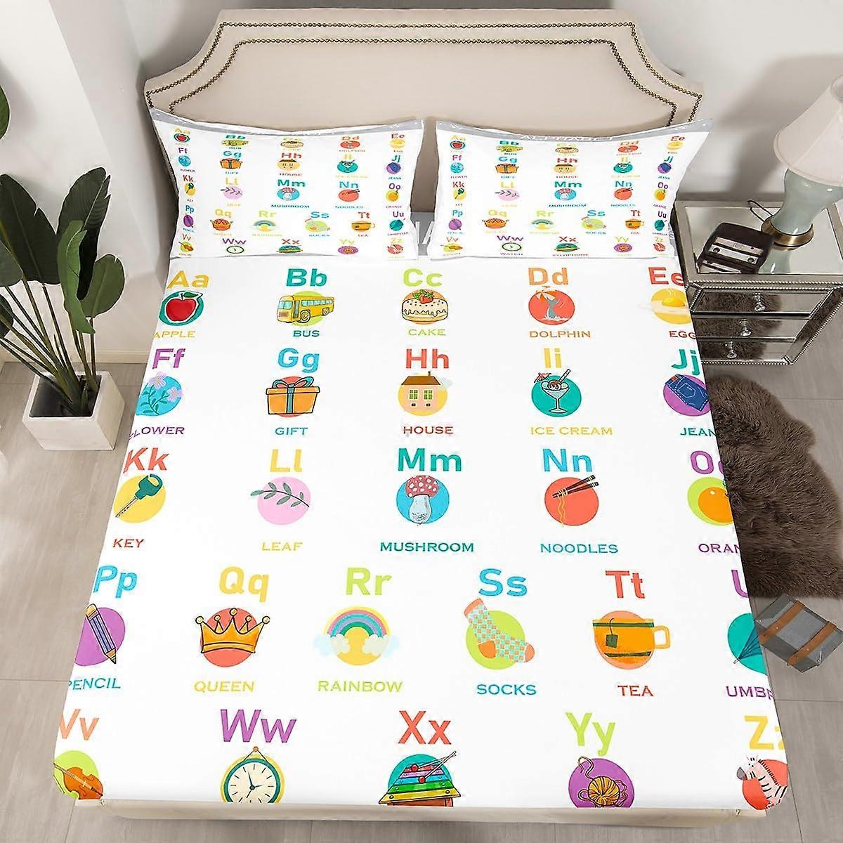 Alphabet Fitted Sheet Full Size, Cartoon Bedding With Numbers, Toddler Educational Learning 2 Pillowcases