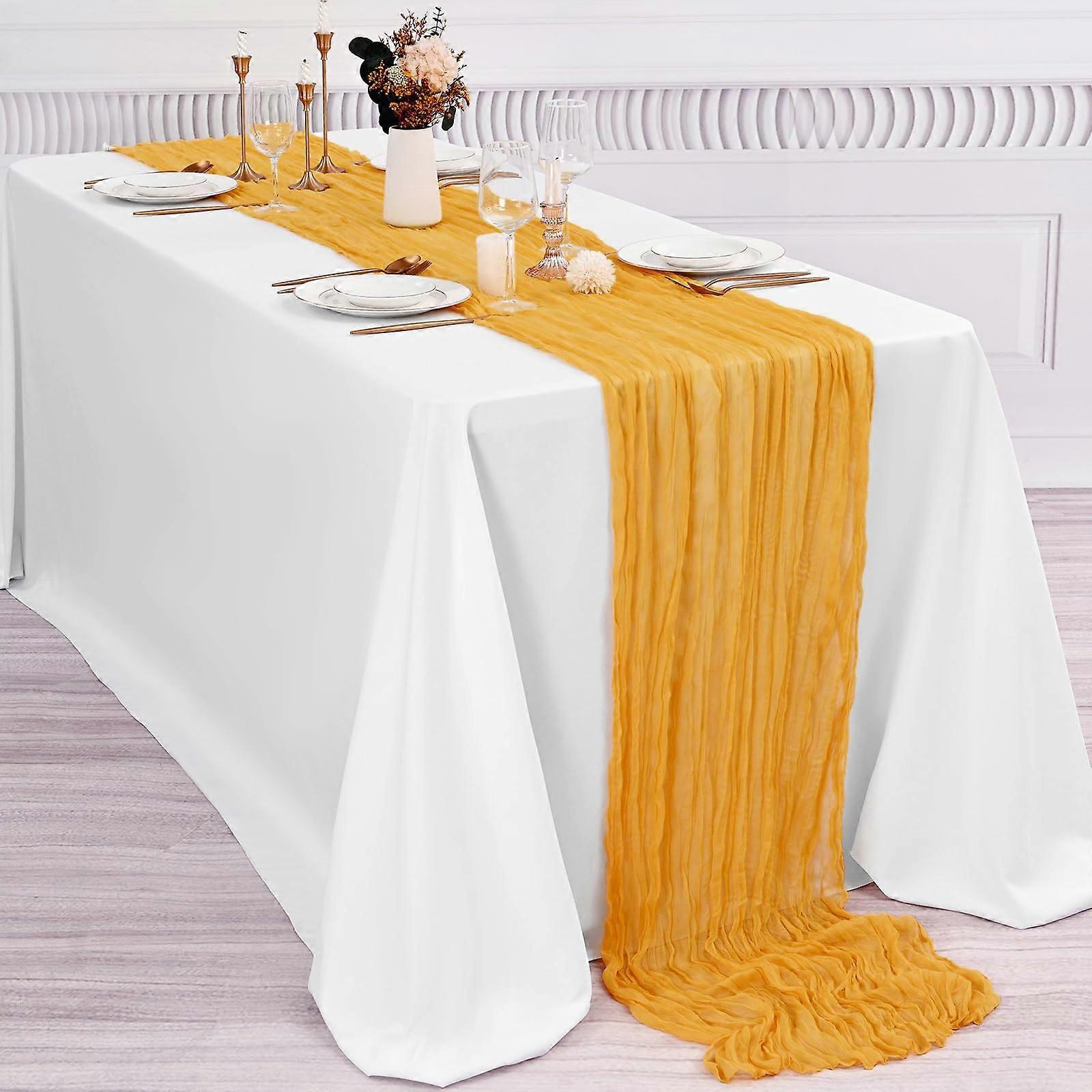 Wrinkled Polyester Table Runner for Wedding Parties and Dining, Soft Fabric, Ginger Yellow 90×400cm