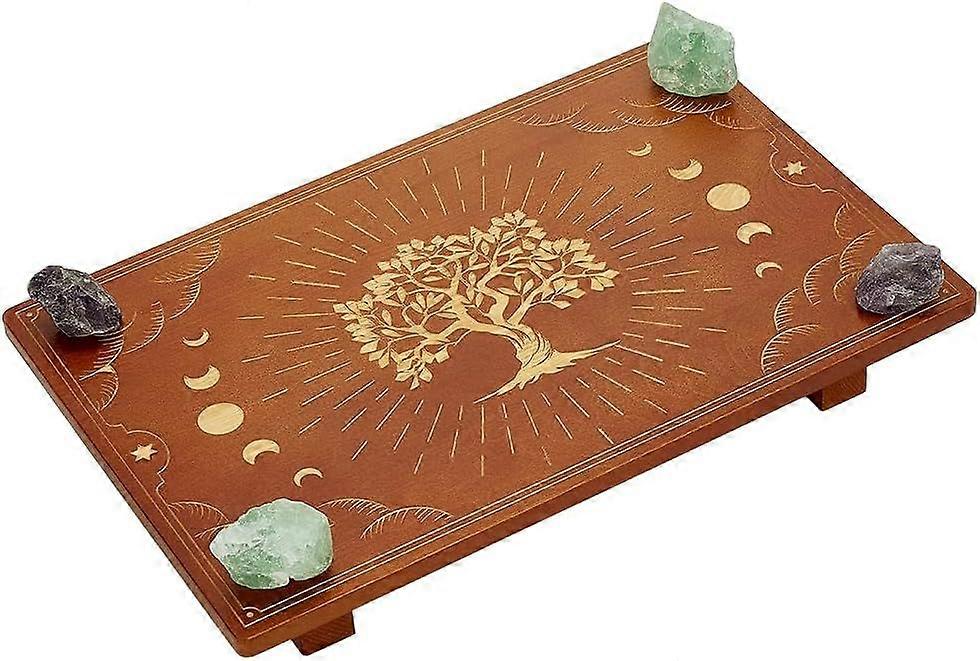 Table 12x8 Inch Rectangle Wooden Divination Meditation Stand Candle Holders Engraved Moon Phase and The Tree of Life on Table Top for Spiritual Medita