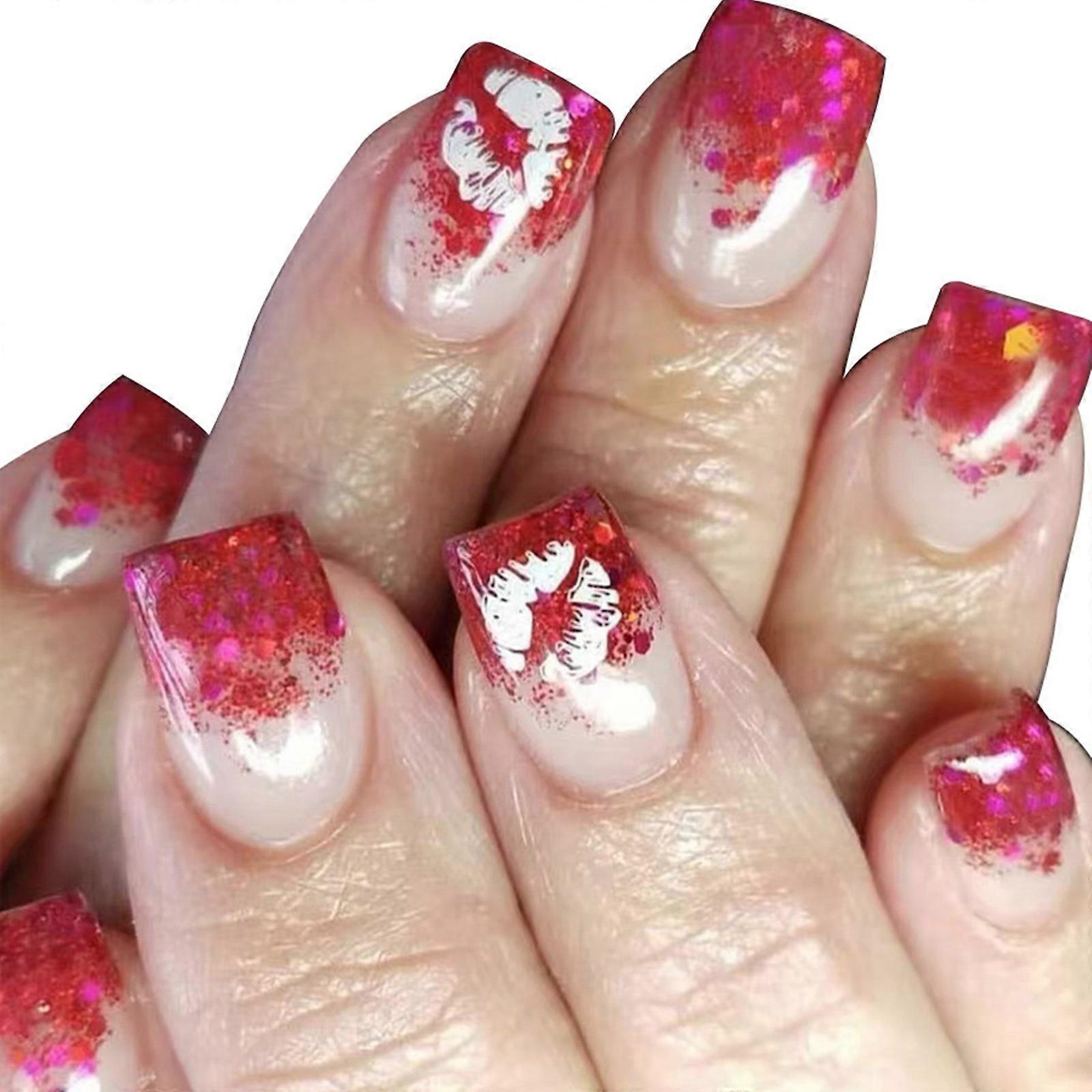 24 יחידות ציפורניים מלאכותיות מרובעות בצבעי ולנטיין, ציפורניים מלאכותיות צרפתיות, אקריליק, דבק לציפורניים מלאכותיות לציפורניים לנשים בנות, צבעים שונים