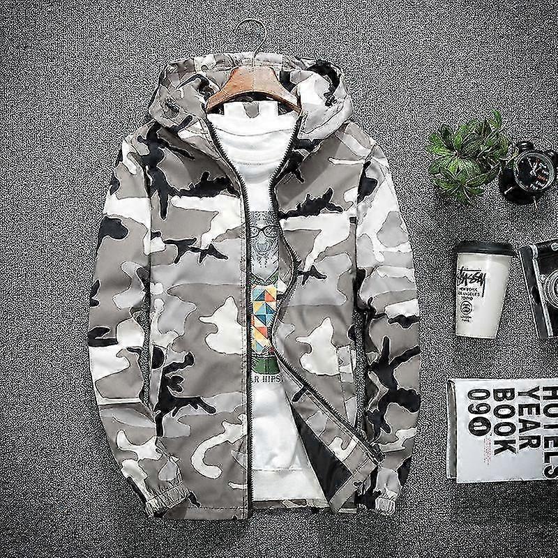 Outdoor Jacket for Men with Hood and Camo Print Spring Windbreaker