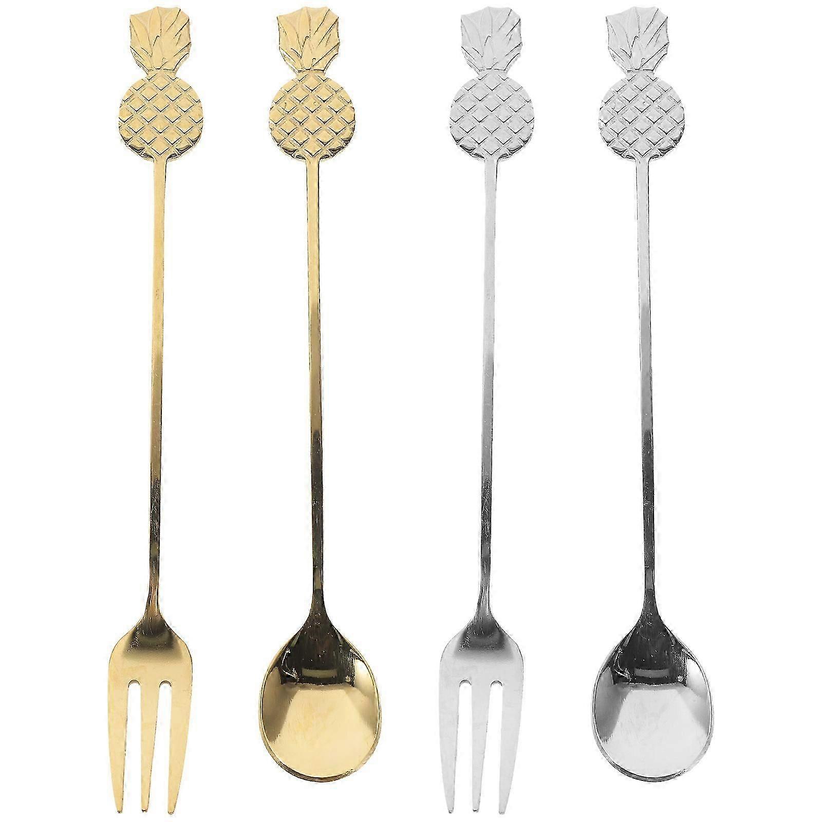 4pcs Coffee Mixing Spoon Coffee Spoon Pineapple Handle Fork Ice Cream Spoon Fork