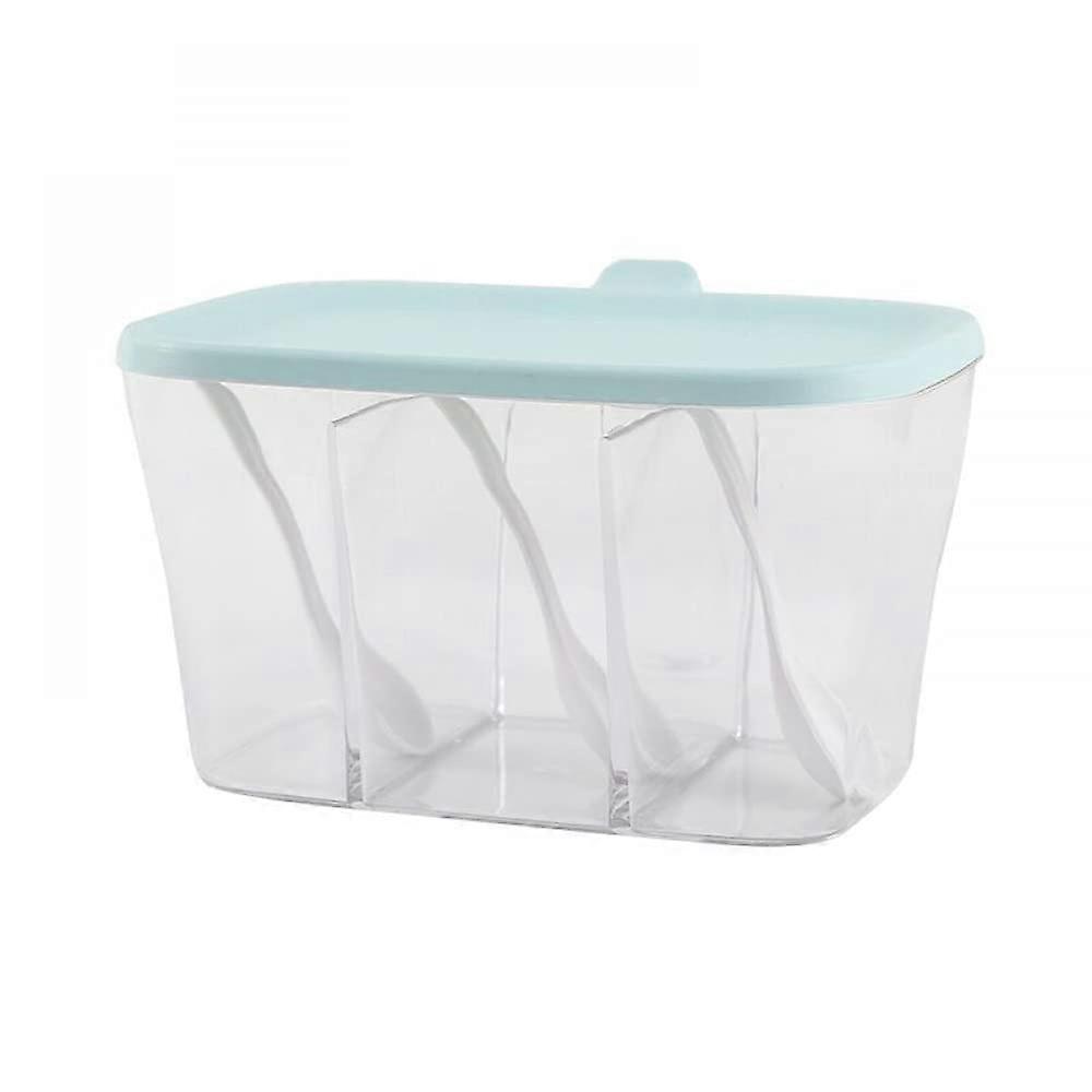 Spice Storage Container with Spoons, 3 Compartment MoistureProof Lid Kitchen Organizer, Blue