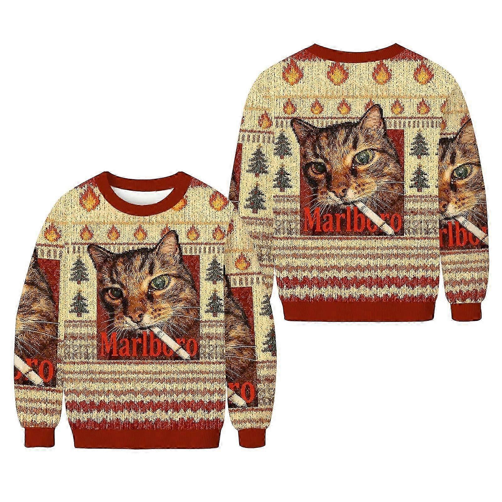 Lustiger Weihnachtspullover mit Marlboro-Raucherkatze, festlicher Pullover