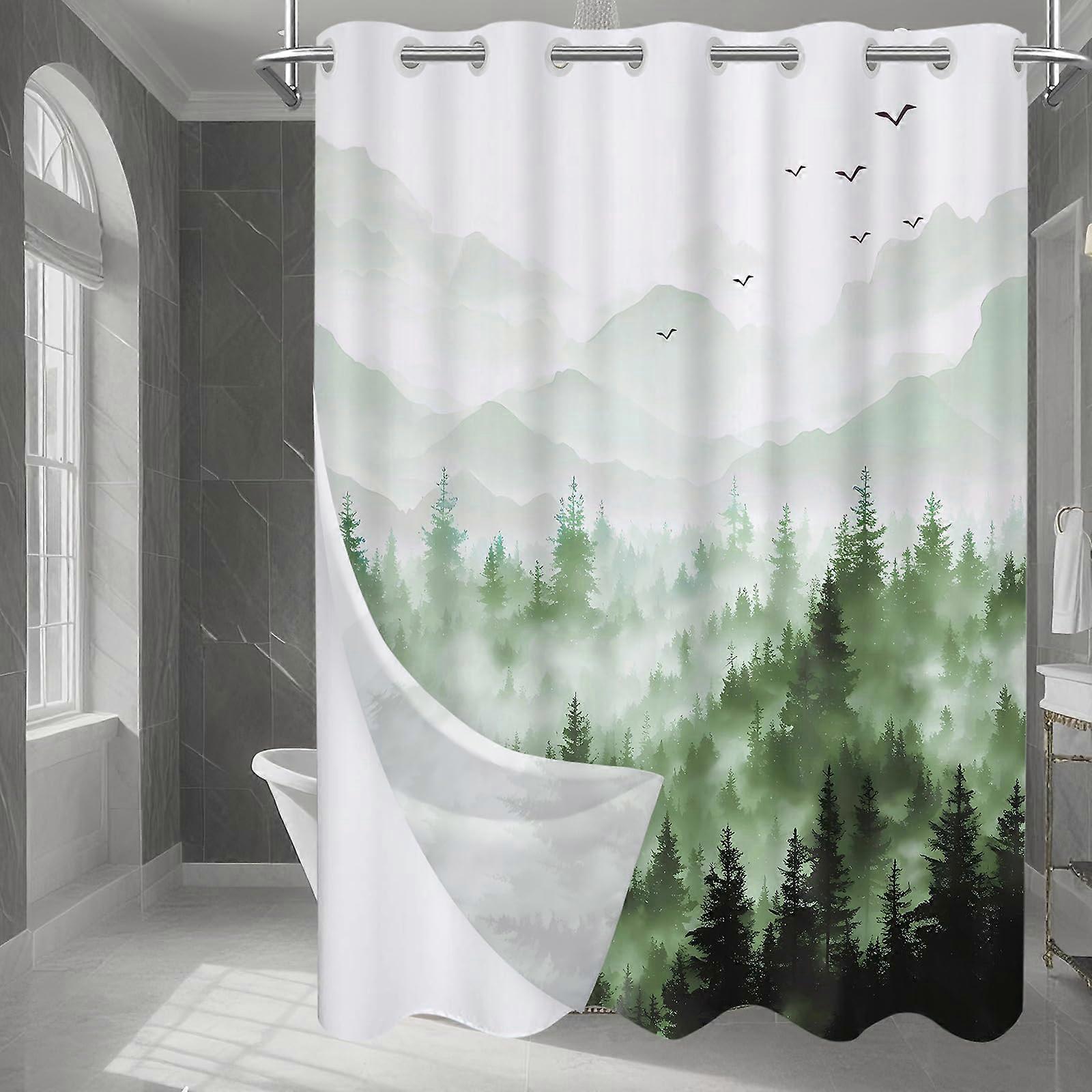 No Hook Shower Curtain Set with Removable Liner, Green Pine Tree Design, Waterproof, 71x74 Inch