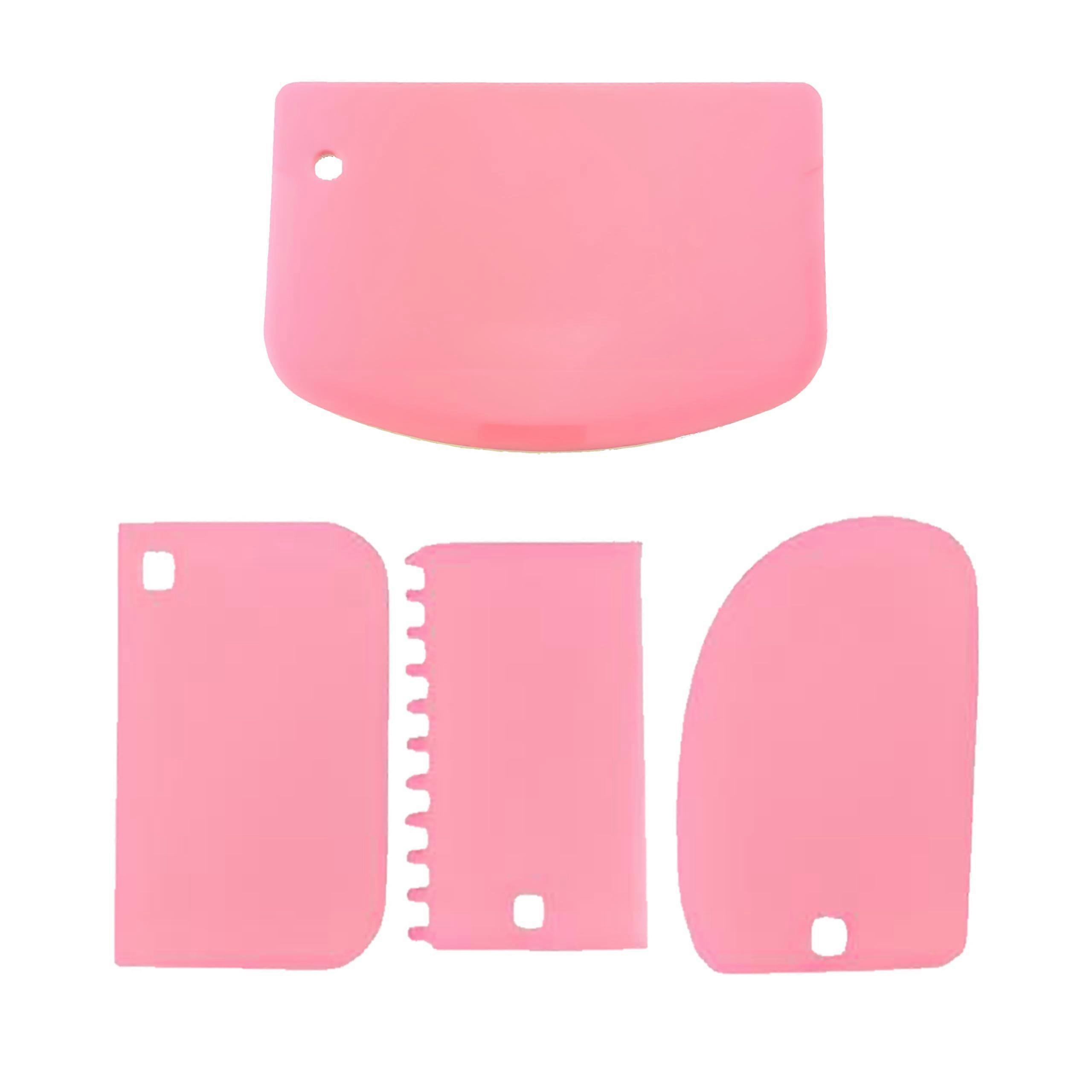 4 Piece Cake Scraper and Smoother Set for Precise Edge Design and Fondant Shaping, Pink