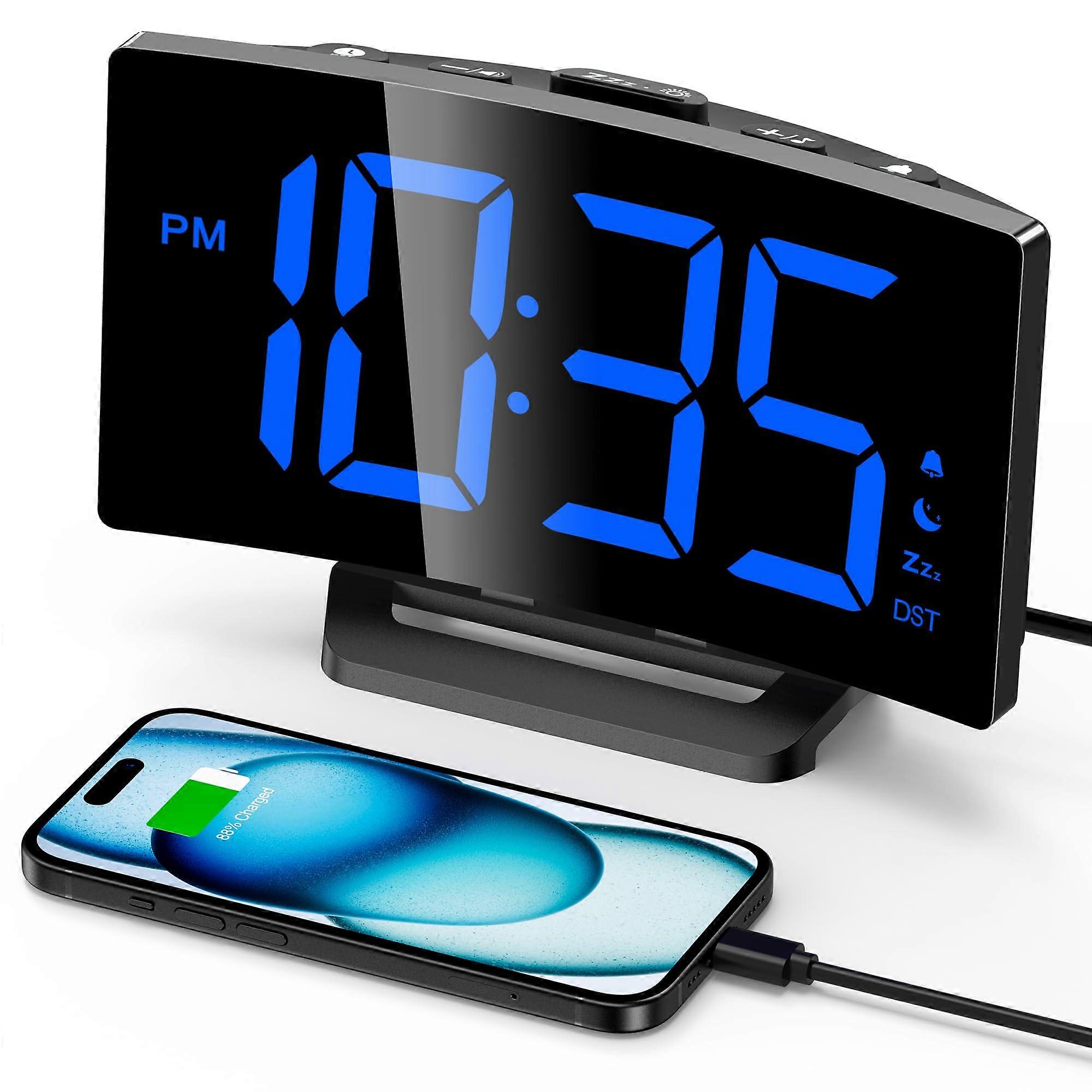Digital Alarm Clock with Extra Large Display, Adjustable Brightness, Snooze, USB Charging, Dark Blue Digits