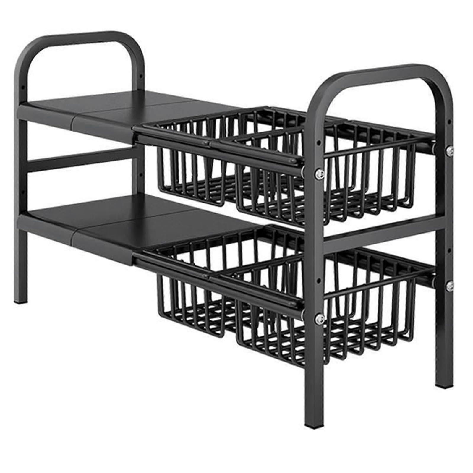 Under Sink Organizer, 2 Tier Expandable Cabinet Shelf with Baskets and Removable Panels for Kitchen or Bathroom Storage, Black